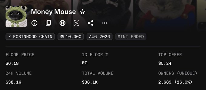 The image shows a NFT collection dashboard for "Money Mouse" on the Robinhood Chain, with a floor price of $6.18, 24H volume of $38.1K, total volume of $38.1K, 2,689 unique owners (26.9%), a top offer of $5.24, and a supply of 10,000. This relates to the post by highlighting Money Mouse's modest performance metrics, suggesting that despite "Cash Cats" recently hitting an all-time high of $500, Money Mouse's relatively low floor price and volume indicate it hasn't experienced similar momentum—implying it could potentially be the next to pump if it gains verification.