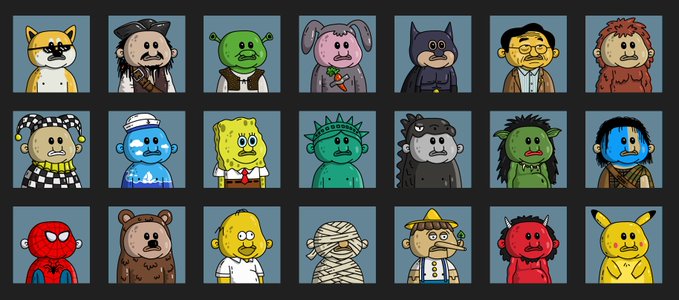 A grid of 21 cartoon character icons reimagined in a rounded, soft art style, including pop culture figures like SpongeBob, Batman, and Jack Sparrow.