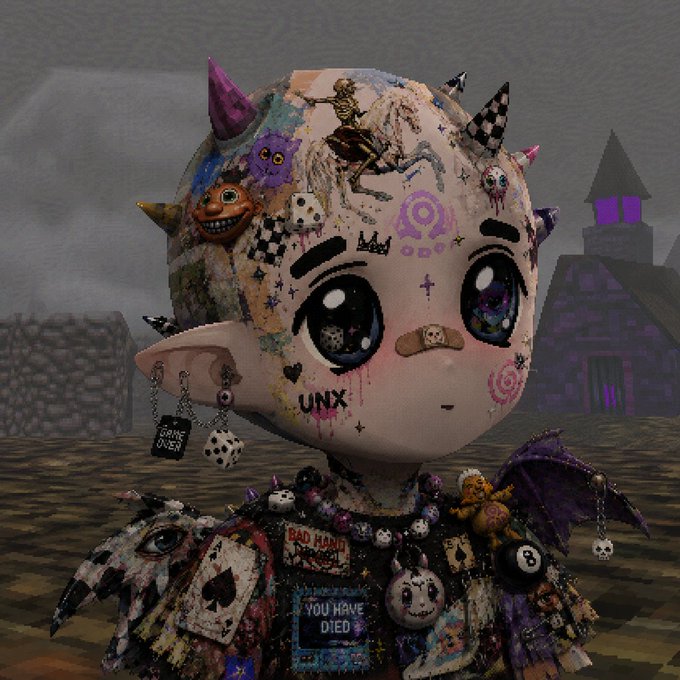 A 3D-rendered character covered in punk and gothic graffiti stickers, spikes, and toys, with messages including 'YOU HAVE DIED' and 'BAD HAND', standing before a pixelated haunted house.