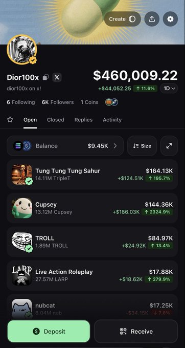 A screenshot of a wallet interface for 'Dior100x' showing a balance of $460,009.22 and holdings in tokens including 'Tung Tung Tung Sahur', 'Cupsey', 'TROLL', 'LARP', and 'nubcat'.