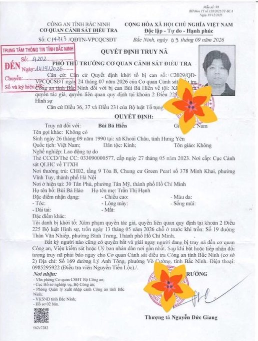 Vietnamese police summons document (Quyết định truy nã) from Bac Ninh province dated September 2026, related to suspect Bùi Bá Hiến for violations of Articles 226, 363, and 231 of the Penal Code.