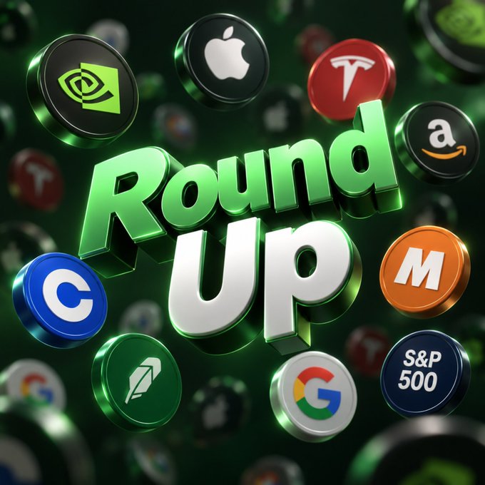 The image features glossy 3D-rendered tokens displaying logos and tickers for major companies and indices—including NVIDIA, Apple, Tesla, Amazon, Coinbase, Robinhood, Monero, Google, and the S&P 500—surrounding the bold green and white text "Round Up." This visual ties into the accompanying post by symbolizing a market summary or aggregation, with "Round Up" serving as the user's recap of trading activity across diverse assets, seamlessly tied together by Omniston's swap infrastructure.