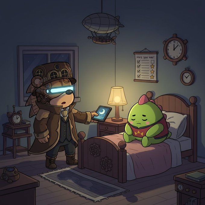 A steampunk-styled sleep coach wearing goggles and a trench coat shows a moonlit tablet to a sleepy green dinosaur in a red nightshirt, who is tucked into bed but still awake in a cozy room featuring a "HERE YOU GO!" checklist, multiple clocks, and a zeppelin mobile. The scene humorously captures the relatable bedtime battle between wanting sleep and one more scroll, fitting the post's theme of a "sleep coach" versus a late-night dino.