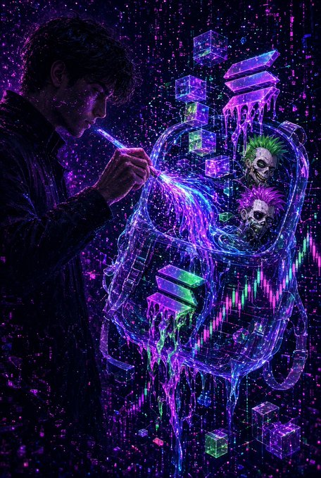 A digital art piece in dark neon purple and green tones depicts a person drawing colorful streams from a skull-topped cylindrical structure surrounded by floating cubes.