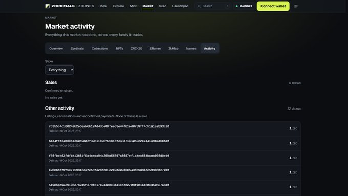 A dark-themed Zordinals (ZRUNES) marketplace webpage showing 'Market activity' with tabs for Overview, Zordinals, Collections, NFTs, ZRC-20, ZRunevs, ZkMap, Names, and Activity, displaying various transaction hashes under 'Other activity'.