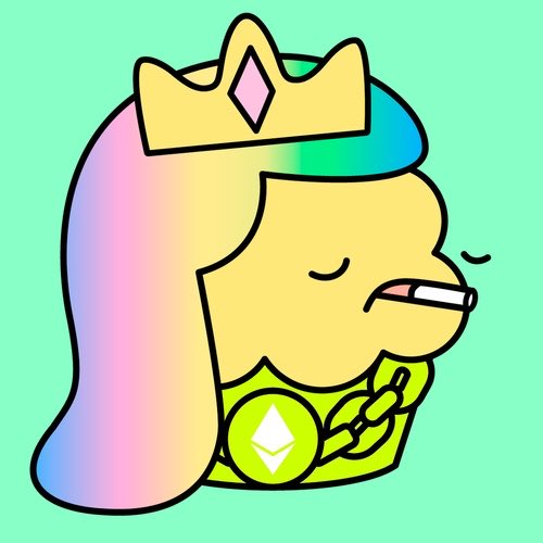 A cartoon drawing features a character with rainbow-colored hair wearing a yellow crown with a pink gem, an Ethereum necklace, and a disinterested expression.