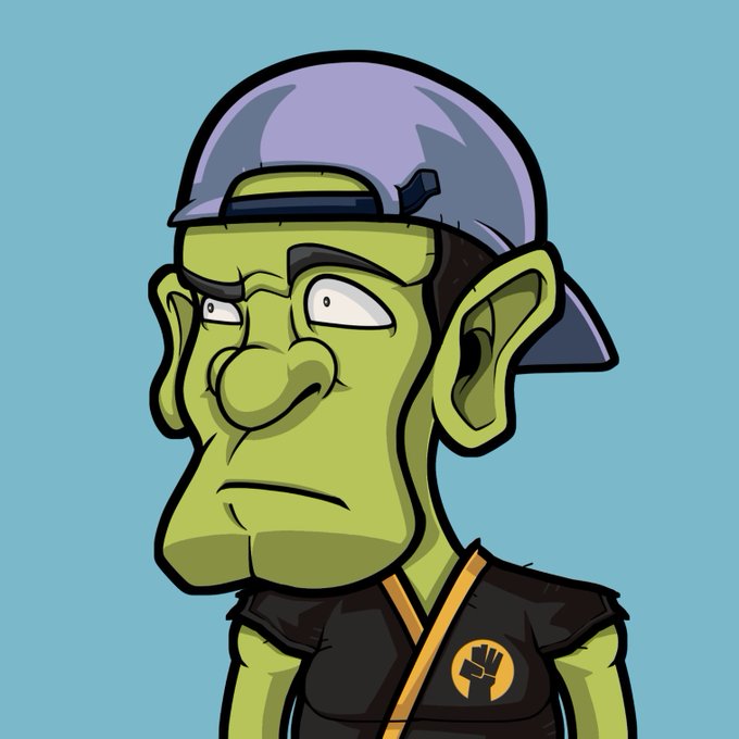 A cartoon illustration of a green-skinned character wearing a purple backward cap and a black shirt with a yellow fist logo, set against a light blue background.