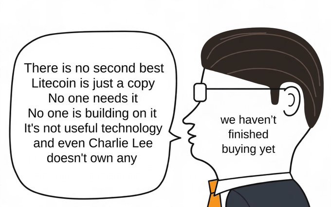 A Wojak-style cartoon meme shows a character with speech bubbles criticizing Litecoin, saying "There is no second best, Litecoin is just a copy, No one needs it, No one is building on it, It's not useful technology and even Charlie Lee doesn't own any," while replying "we haven't finished buying yet."