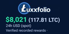 A digital receipt from 'Luxxfolio' shows a total of $8,021 (117.81 LTC) for a 24H USD (spot) purchase with verified recorded rewards.