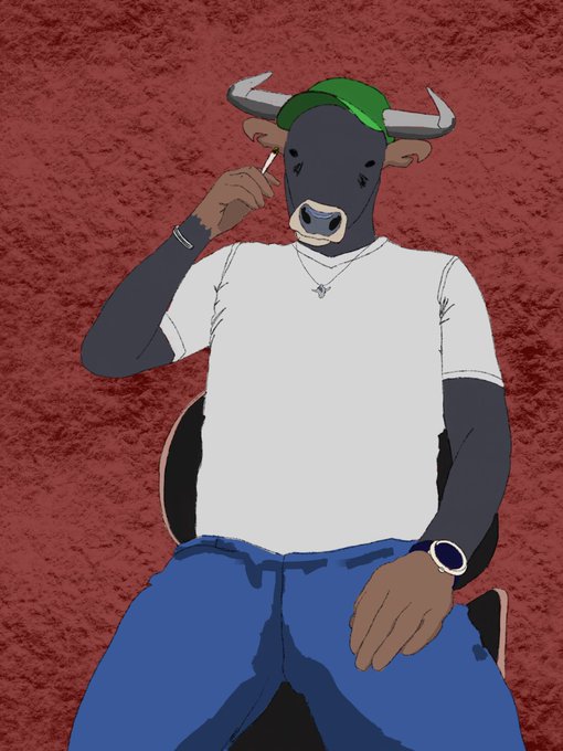 A digital illustration of an anthropomorphic bull character wearing a white t-shirt, blue jeans, a green cap, and a silver chain, posing against a textured red background.