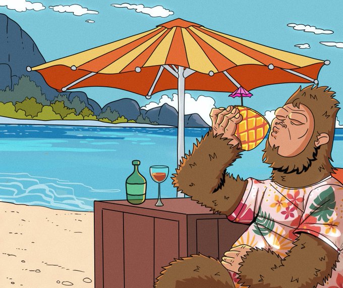 A cartoon illustration depicts a contented gorilla in a floral Hawaiian shirt relaxing under a beach umbrella, drinking from a pineapple cup at a small table with a bottle and wine glass overlooking the ocean.
