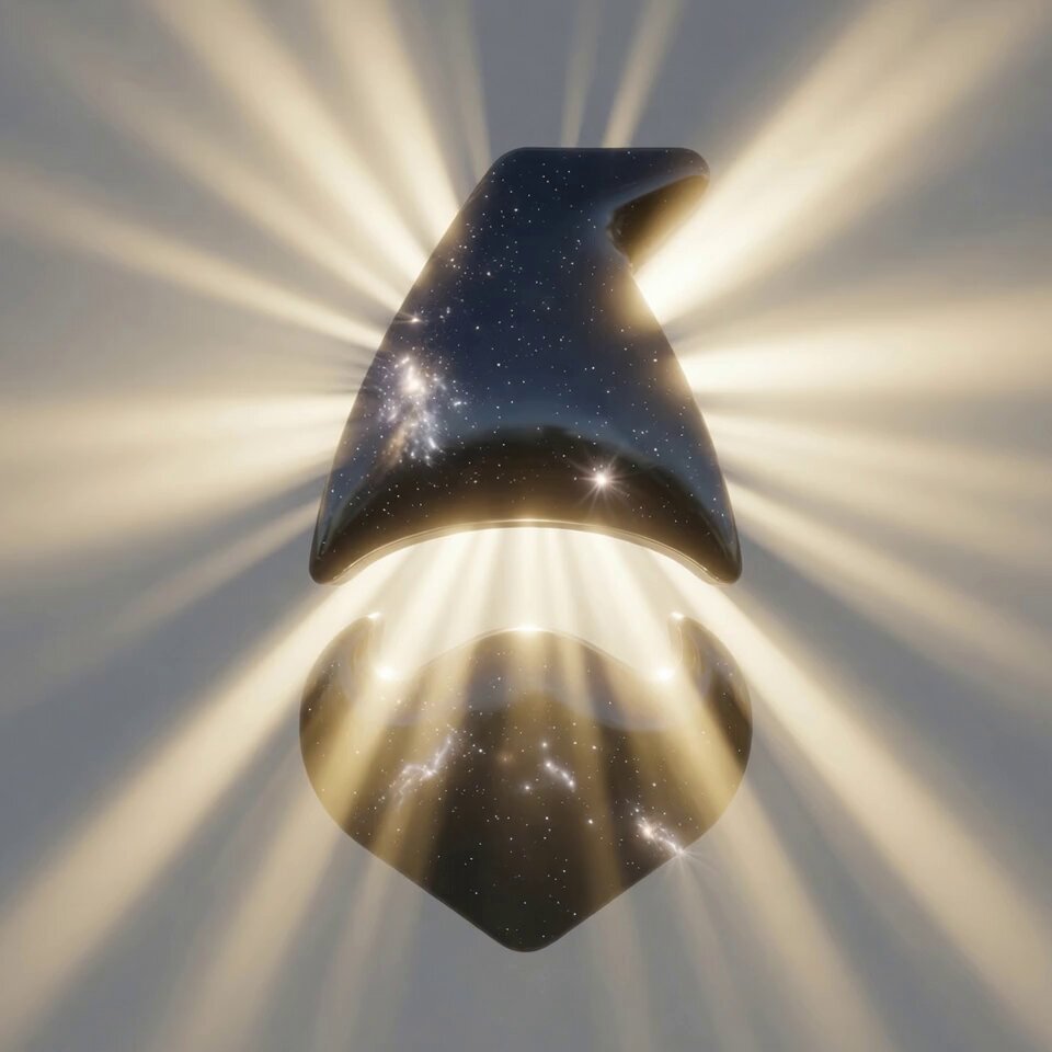 "The future is Gno". This phrase appears to be a part of an advertisement or promotional material, possibly related to a product or service named after the character Gno from Star Wars. The image features a large black object with a glowing light source on top and a smaller black object below it, both illuminated by the bright rays of light. The background is white, which contrasts with the dark objects and makes them stand out more prominently.