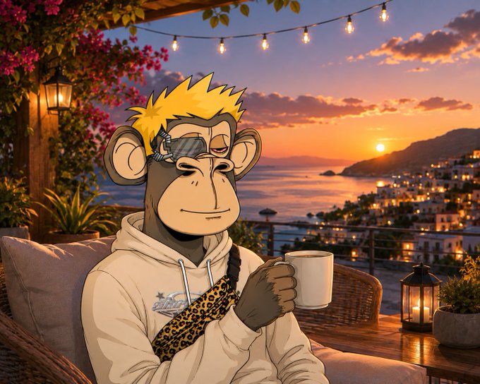 An animated monkey character with blonde spiky hair and sunglasses enjoys a cup of coffee while sitting on a balcony overlooking a picturesque sunset coastal town.