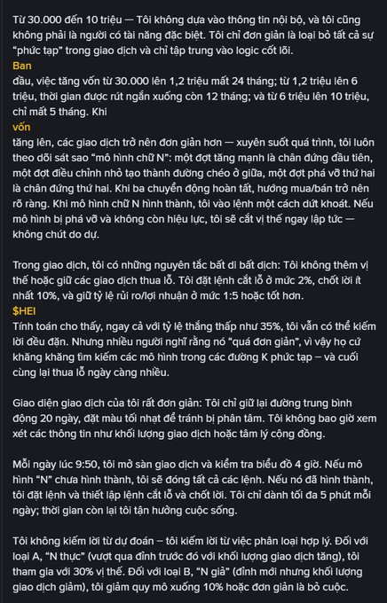 A Vietnamese text post detailing a trading journey from 30,000 to 1.2 million, discussing trading strategies, stop-loss at 2%, take profit at 10%, and a 1:5 risk-reward ratio.