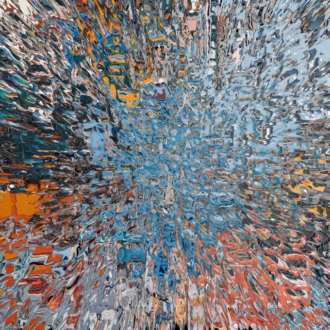 The image features a large, abstract painting with a chaotic and colorful design that appears to be made up of many small pieces or shards. The colors used are predominantly blue, orange, and red, creating an eye-catching and vibrant display. The painting is displayed in a gallery setting, as indicated by the caption "“Shard #1” 3/15 remain 3.5 tez". This suggests that the image may be part of a larger collection or exhibition, with the focus on individual pieces rather than a cohesive whole.