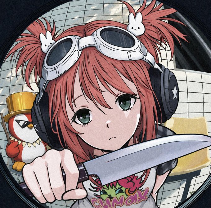 An anime-style illustration shows a red-haired girl with goggles, bunny hair clips, and headphones holding a knife, with a "CYMIX" graphic on her shirt. A cartoon penguin wearing a top hat peeks from behind her, and the view is framed by a circular lens. The edgy, meme-inspired artwork pairs with the post's playful crypto launch announcement, using the bold character design to match the enthusiastic, community-driven tone of supporting a new ETH token.