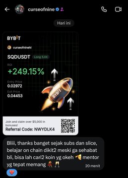 The image shows a Telegram post from "curseofnine" in a "Harl ini" (today) chat, advertising a BYB'IT referral code (NWYDLK4) with a bonus graphic for "SQDUSDST" token showing +249.15% ROI and up arrows, accompanied by an Indonesian message expressing gratitude for subscribers and fellow "coiners" while hoping to hold through the bear market and profit when the bull arrives—tying the bullish referral promotion to the bear market prayer.