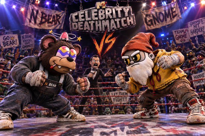 A promotional image for MTV's 'Celebrity Deathmatch' showing a mascot battle between 'N Bear' and 'Gnome' in a wrestling ring with a commentator in the middle.