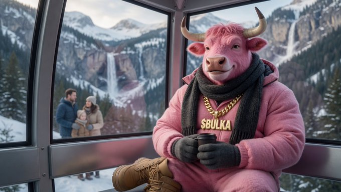 An AI-generated image of a pink bull wearing a pink coat and a gold chain reading '$BULKA', sitting in a cable car holding a coffee cup, with a snowy mountain landscape and a couple visible through the window behind him.