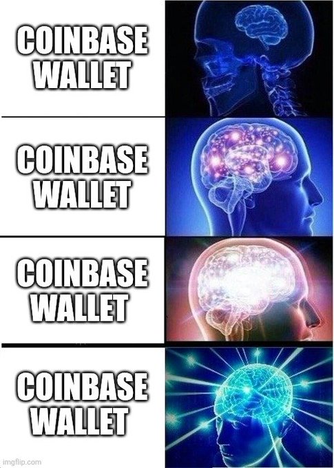 The 'Expanding Brain' meme with four panels, each labeled 'COINBASE WALLET' showing progressively more elaborate glowing brain imagery.