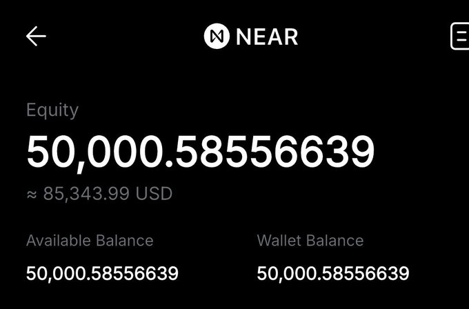 A mobile wallet screenshot displays a NEAR cryptocurrency balance of 50,000.58556639 tokens (≈85,343.99 USD), with both available and wallet balances matching. The image visually supports the claim of a substantial $NEAR holding poised for significant growth toward seven figures.