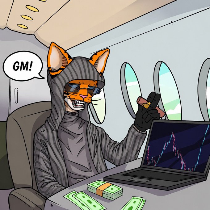 An anthropomorphic orange cat wearing a striped hood and sunglasses says "GM!" in a speech bubble while sitting in an airplane seat with a laptop showing a stock chart, a cigar, and stacks of cash on the table. The image fits the post's "GM Everyone" greeting and "higher" market sentiment, depicting a trader celebrating bullish price action.