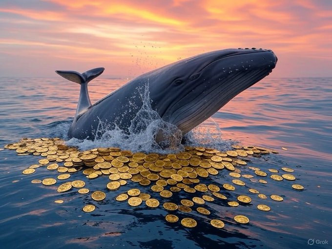 A whale breaches the ocean's surface at sunset amid a sea of golden Dogecoin tokens, symbolizing the massive 1 billion DOGE ($70 million) purchase by whale wallets, with "Grok" visible in the bottom right corner.