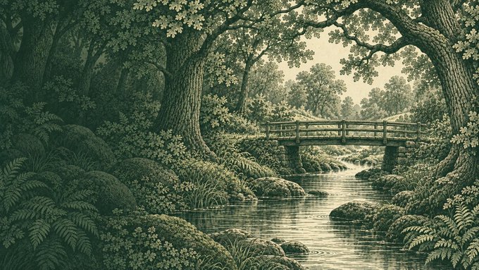 A vintage-style illustration depicts a lush forest scene with a wooden footbridge crossing over a calm stream surrounded by trees, ferns, and rocks.