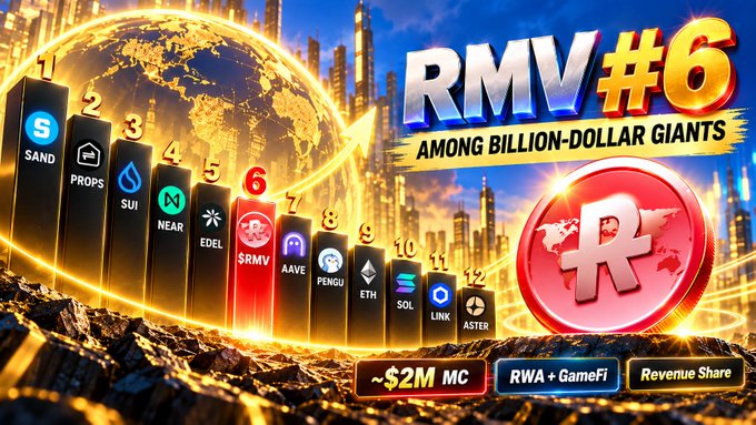 A promotional graphic titled 'RMV #6 AMONG BILLION-DOLLAR GIANTS' showing a bar chart ranking cryptocurrencies (SAND, PROPS, SUI, NEAR, EDEL, $RMV, AAVE, PENGU, ETH, SOL, LINK, ASTER) with a large red coin logo.
