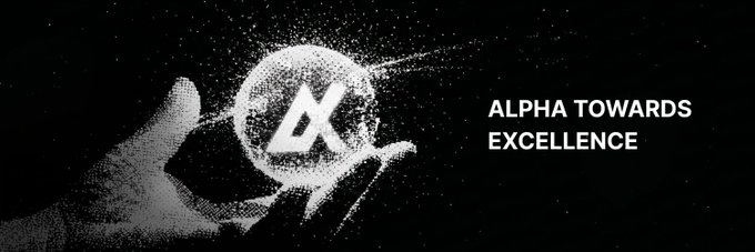 Logo with an alpha symbol being held in a hand, with text "ALPHA TOWARDS EXCELLENCE".