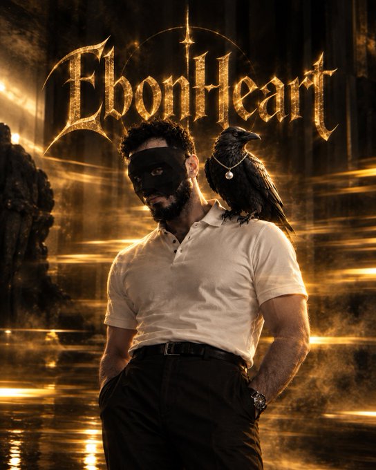 A promotional poster featuring a man wearing a black half-mask with a raven on his shoulder, set against a golden background with the stylized title 'EbonHeart'.