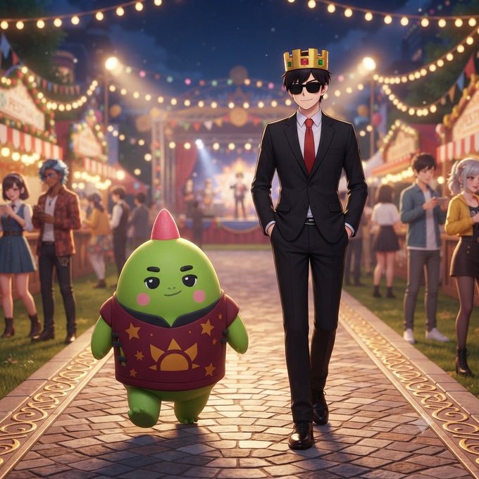 An anime-style illustration features a character in a black suit wearing a crown and sunglasses standing next to a small green creature at a festive night market.