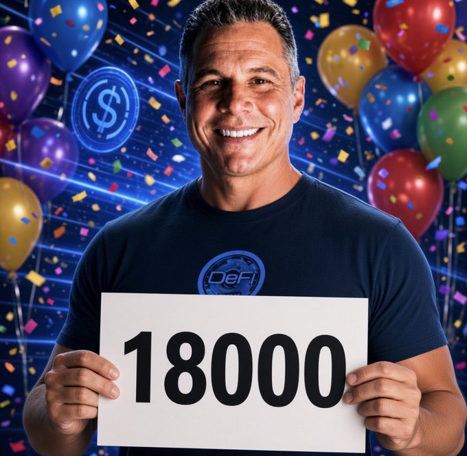 A smiling man wearing a 'DeFi' t-shirt holds up a sign reading '18000' against a festive background with balloons and confetti.