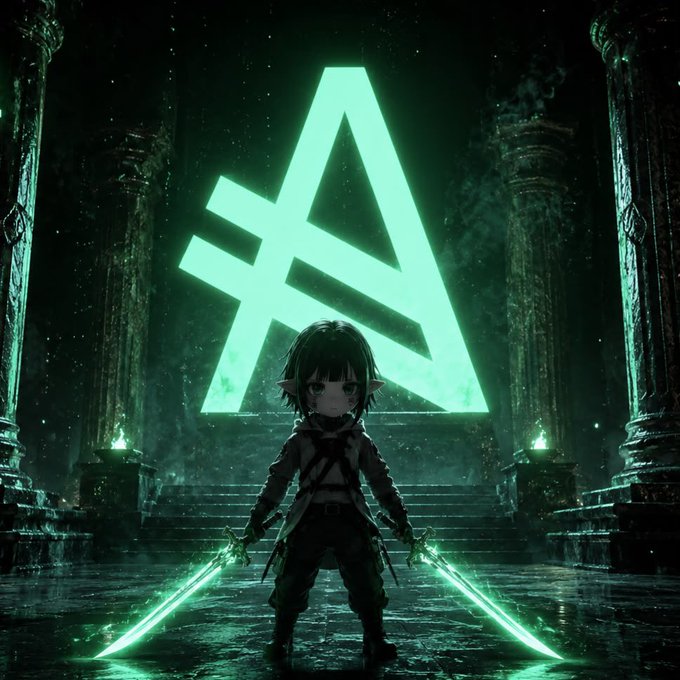 A dark fantasy digital artwork featuring an anime-style character with green glowing swords standing before a large luminescent triangular symbol on stone steps in an ancient temple setting.