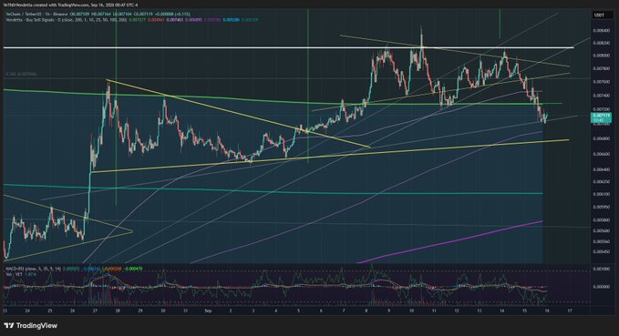 A detailed cryptocurrency trading chart on TradingView for the VIBE/USDT pair, featuring multiple colored moving averages and technical indicators.