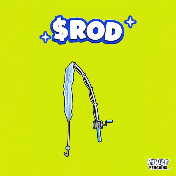 A cartoon drawing of a fishing rod on a lime green background with the stylized text '$ROD' and 'PUGGY PENGUINS' logo in the corner.