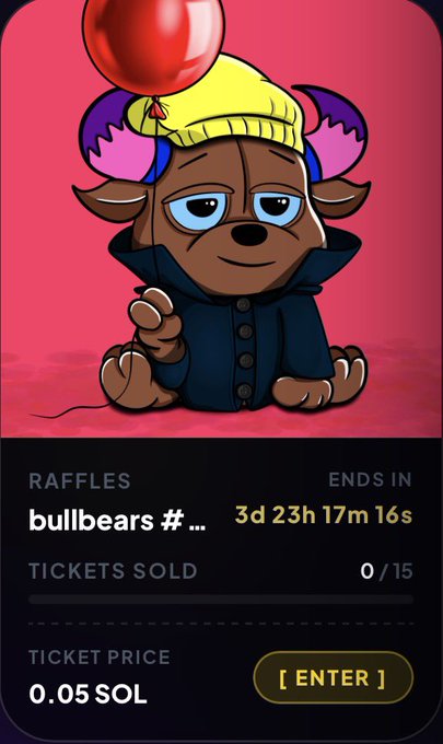 A raffle page for 'bullbears' featuring a cartoon bear in a beanie holding a red balloon, with a ticket price of 0.05 SOL and 0/15 tickets sold.