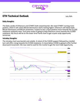 A Crypto.com ETH Technical Outlook dated July 16th featuring daily thoughts on Ethereum and Bitcoin price action with a chart showing an intraday breakout.