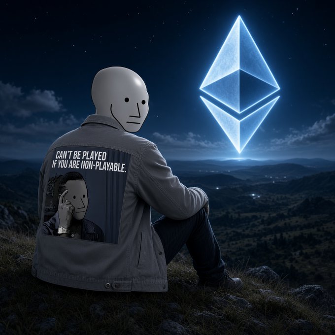 An artistic illustration shows a figure wearing a mask and a jacket with the text 'CAN'T BE PLAYED IF YOU ARE NON-PLAYABLE' on the back, sitting on a hill and looking at a glowing Ethereum logo in the night sky.