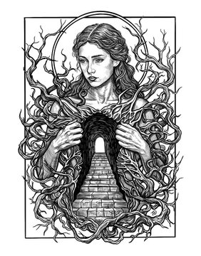 A detailed black-and-white illustration depicts a woman whose chest opens into a stone archway surrounded by intricate, twisting branches. The artwork's symbolic imagery of transformation and hidden pathways visually represents the artistic comparison being made between the Ethereum (ETH) and Tezos (XTZ) blockchain networks in the accompanying post.