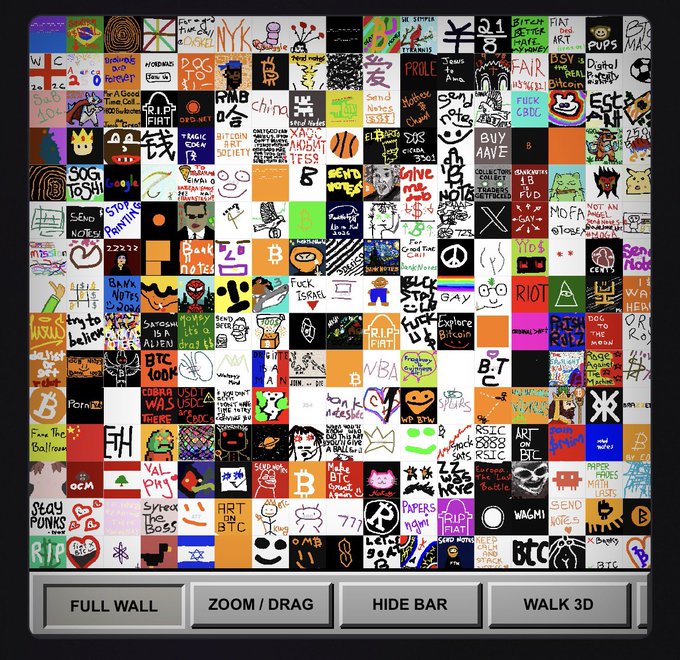 A grid of 300 small square artworks, each containing unique text, drawings, and Bitcoin-themed motifs like "BUY WAVE," "BITCOIN," "RIP FIAT," and "0.2 BTC," represents the recursive inscription "The Bathroom Wall Monument" by @banknotes_btc, currently available as a 1/1 bid at 0.002 BTC. Below the mosaic, interface buttons read "FULL WALL," "ZOOM / DRAG," "HIDE BAR," and "WALK 3D."