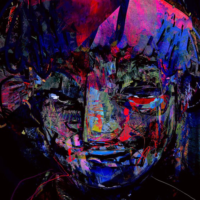 A vivid, expressionist digital artwork portrays a face constructed from energetic, chaotic strokes of bright blue, pink, purple, and red.