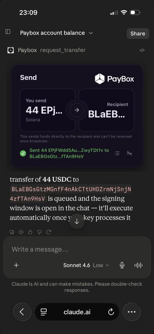 The image shows a Paybox screenshot confirming a transfer of 44 EPj... sent on Solana to recipient BLaEBGs..., along with a chat window where Claude AI explains it queued a transfer of 44 USDC to the same address and is awaiting execution. This illustrates the post's claim of using Paybox via Moonpay to fund a Perpl (Monad) wallet, with Claude AI facilitating the crypto transaction in a smooth, conversational way.