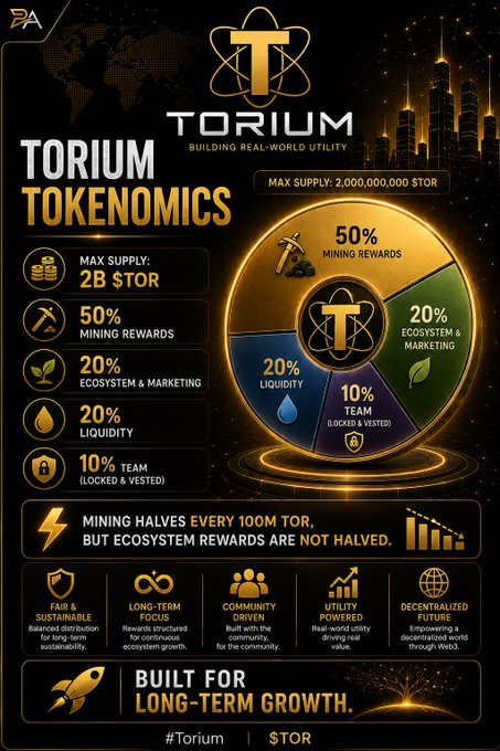 A Torium (STOR) tokenomics infographic displaying max supply of 2B tokens with allocations: 50% mining rewards, 20% ecosystem/marketing, 20% liquidity, and 10% team (locked & vested), noting mining halves every 100M TOR.