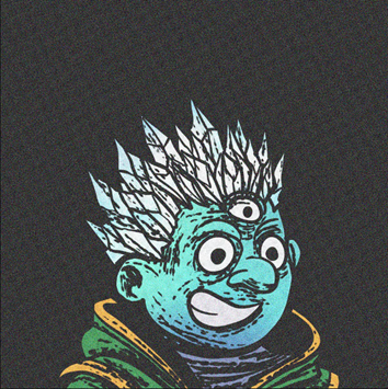 Stylized illustration of a blue-skinned character with spiky white hair, three eyes, and a wide grinning mouth, wearing a green hooded jacket against a dark background.