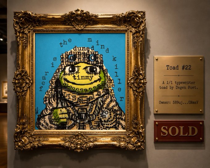 A framed artwork titled 'Toad #22' depicting a green toad character with text forming a pyramid shape, displayed alongside a plaque indicating it sold to owner 589uJ...GNmaV.