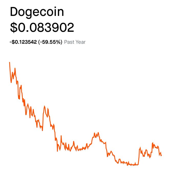 A cryptocurrency price chart showing Dogecoin (DOGE) at $0.083902, down $0.123542 (-59.55%) over the past year, with an orange line depicting a sharp decline from its peak followed by a prolonged downtrend, illustrating the bear market backdrop against which the poster optimistically calls for a bottom and future rally to $1.