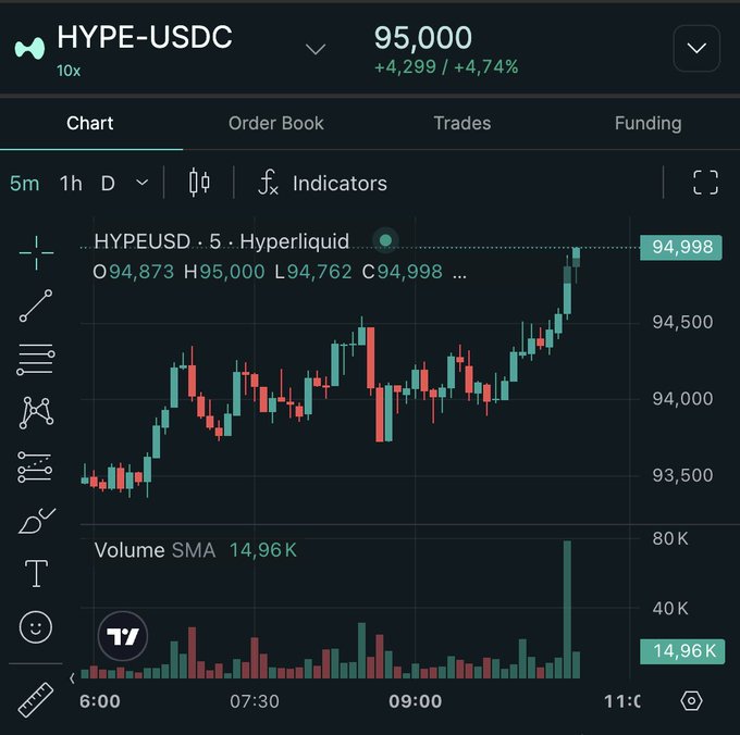 A trading interface showing the HYPE-USDC pair at 95.000 (+4.74%) on Hyperliquid, with a 5-minute candlestick chart displaying price action and volume.