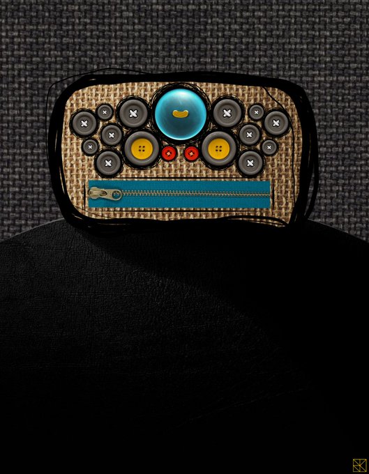 A decorative clutch purse designed with colorful buttons, a zipper, and a turquoise gem detail, resting on a dark surface.