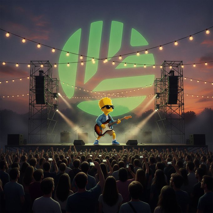 A 3D-rendered scene of a yellow cartoon character with sunglasses playing an electric guitar on a stage, with a massive green striped logo floating above and an audience of people holding up phones.